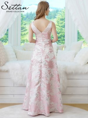 画像3: [送料無料][SETTAN]ピンク・ブラック・グレー・ジャガード・花柄・金糸・Vネック・ハイウエスト・ノースリーブ・フレア・Aライン・ロングドレス[即日発送][大きいサイズあり]