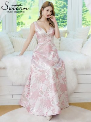画像6: [送料無料][SETTAN]ピンク・ブラック・グレー・ジャガード・花柄・金糸・Vネック・ハイウエスト・ノースリーブ・フレア・Aライン・ロングドレス[即日発送][大きいサイズあり]