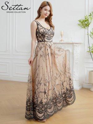 画像2: [送料無料][SETTAN]ベージュ・チュールレース・クラシカル・ノースリーブ・・ハイウエスト・フレア・Aライン・ロングドレス[即日発送][大きいサイズあり]