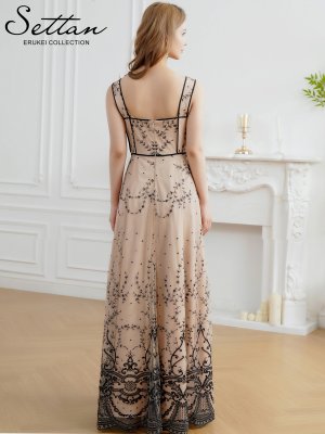 画像3: [送料無料][SETTAN]ベージュ・チュールレース・クラシカル・ノースリーブ・・ハイウエスト・フレア・Aライン・ロングドレス[即日発送][大きいサイズあり]