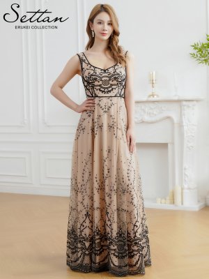画像5: [送料無料][SETTAN]ベージュ・チュールレース・クラシカル・ノースリーブ・・ハイウエスト・フレア・Aライン・ロングドレス[即日発送][大きいサイズあり]