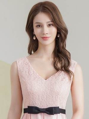 画像4: [送料無料][SETTAN]ピンク×ブラック・フラワープリント・花柄・レース・ハイウエスト・リボン・ノースリーブ・Vネック・Aライン・切替・ロングドレス[即日発送][大きいサイズあり]