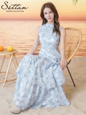画像12: [送料無料][SETTAN]ピンク・ブルー・ティアード・ハイネック・花柄・パール・Aライン・ノースリーブ・ロングドレス[即日発送][大きいサイズあり]