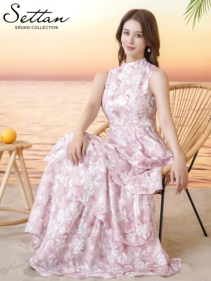 画像6: [送料無料][SETTAN]ピンク・ブルー・ティアード・ハイネック・花柄・パール・Aライン・ノースリーブ・ロングドレス[即日発送][大きいサイズあり]