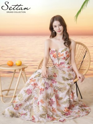 画像1: [送料無料][SETTAN]プリント・ベア・ボタニカル・花柄・胸元カット・編み上げ・Aライン・ノースリーブ・ロングドレス[即日発送][大きいサイズあり]