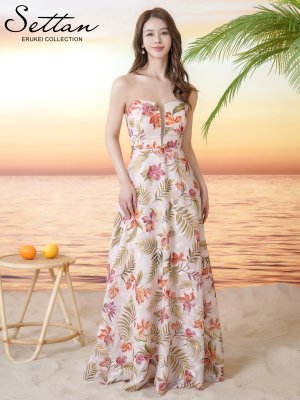 画像2: [送料無料][SETTAN]プリント・ベア・ボタニカル・花柄・胸元カット・編み上げ・Aライン・ノースリーブ・ロングドレス[即日発送][大きいサイズあり]