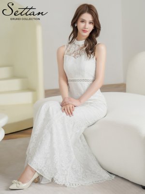 画像1: [送料無料][SETTAN]ホワイト・総レース・ハイネック・ノースリーブ・マーメイド・ロングドレス[即日発送][大きいサイズあり]