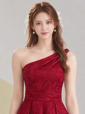 画像4: [送料無料][SETTAN]ワインレッド・イエロー・ワンカラー・ワンショルダー・花柄・ジャガード・タック・エレガント・Aライン・フレア・ロングドレス[即日発送][大きいサイズあり]