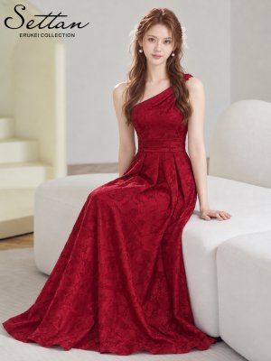 画像6: [送料無料][SETTAN]ワインレッド・イエロー・ワンカラー・ワンショルダー・花柄・ジャガード・タック・エレガント・Aライン・フレア・ロングドレス[即日発送][大きいサイズあり]