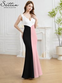 [送料無料][SETTAN]ブラック×ピンク・トリコロールカラー・シンプル・トリコロールカラー・Vネック・マーメイド・ロングドレス[即日発送][大きいサイズあり]