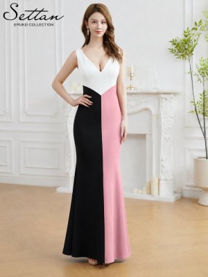 画像5: [送料無料][SETTAN]ブラック×ピンク・トリコロールカラー・シンプル・トリコロールカラー・Vネック・マーメイド・ロングドレス[即日発送][大きいサイズあり]
