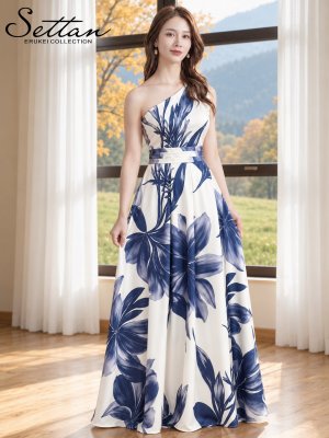 画像13: [送料無料][SETTAN]ホワイト×ピンク・ホワイト×ブルー・ホワイト×ブネイビー・花柄・ワンショルダー・エレガント・Aライン・ノースリーブ・ロングドレス[即日発送][大きいサイズあり]