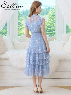 画像3: [送料無料][SETTAN]ブルー・パープル・花柄・総レース・プチハイネック・フリルスリーブ・ティアード・Aライン・ミディアムドレス・ワンピース[即日発送][大きいサイズあり]