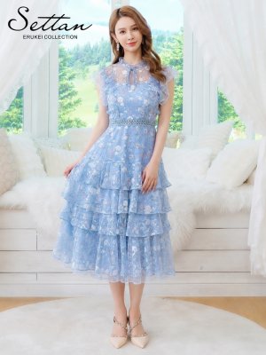 画像5: [送料無料][SETTAN]ブルー・パープル・花柄・総レース・プチハイネック・フリルスリーブ・ティアード・Aライン・ミディアムドレス・ワンピース[即日発送][大きいサイズあり]