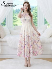 [送料無料][SETTAN]プリント・ボートネック・ノースリーブ・ウエストタック・花柄・フレア・Aライン・ミディアムドレス[即日発送][大きいサイズあり]