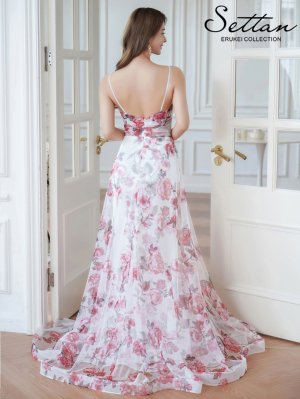 画像3: [送料無料][SETTAN]ホワイト×ピンク・ラメ・プリント・花柄・チュールレース・キャミソール・スリット・Aライン・ロングドレス[即日発送][大きいサイズあり]