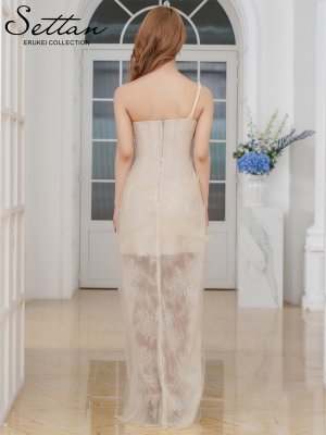 画像9: [送料無料][SETTAN]ブルー・ベージュ・総レース・チュールレース・スパンコール・ビスチェ・ワンショルダー・ドレープ・タイト・スリット・インナーミニドレス・ロングドレス[即日発送][大きいサイズあり]