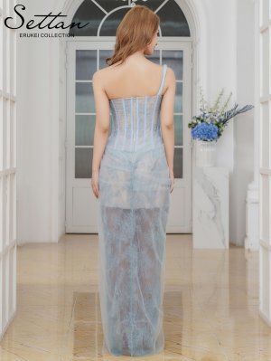 画像3: [送料無料][SETTAN]ブルー・ベージュ・総レース・チュールレース・スパンコール・ビスチェ・ワンショルダー・ドレープ・タイト・スリット・インナーミニドレス・ロングドレス[即日発送][大きいサイズあり]