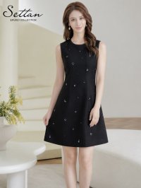[送料無料][GINZA COUTURE]ブラック・ホワイト・ワンカラー・シンプル・ラインストーン・スパンコール・ポケット・ノースリーブ・Aライン・ミニドレス・ワンピース[即日発送][大きいサイズあり]