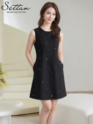 画像2: [送料無料][GINZA COUTURE]ブラック・ホワイト・ワンカラー・シンプル・ラインストーン・スパンコール・ポケット・ノースリーブ・Aライン・ミニドレス・ワンピース[即日発送][大きいサイズあり]