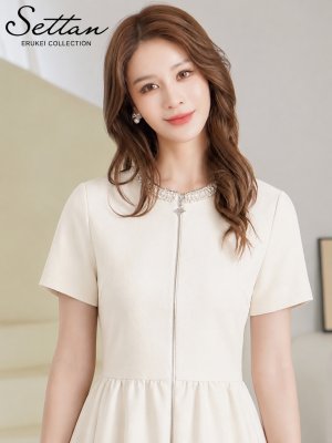 画像4: [送料無料][SETTAN]アイボリー・ピンク・ブラック・ワンカラー・ラインストーン・フロントジップ・半袖・ポケット・Aライン・フレア・ミニドレス・ワンピース[即日発送][大きいサイズあり]
