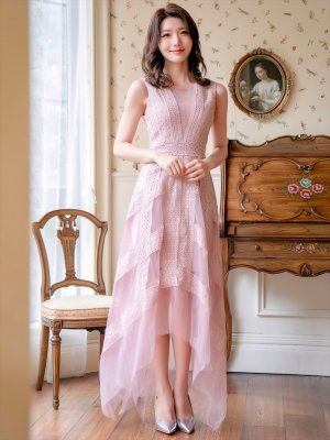 画像15: [送料無料][SETTAN]ブラック・ホワイト・ピンク・ワインレッド・レース・チュール・ノースリーブ・イレギュラーヘム・インナーミニ・ロングドレス[即日発送][大きいサイズあり]