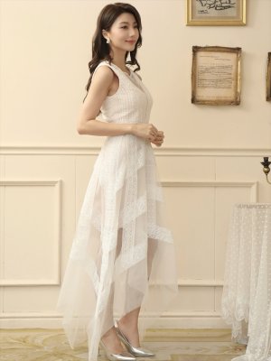 画像8: [送料無料][SETTAN]ブラック・ホワイト・ピンク・ワインレッド・レース・チュール・ノースリーブ・イレギュラーヘム・インナーミニ・ロングドレス[即日発送][大きいサイズあり]