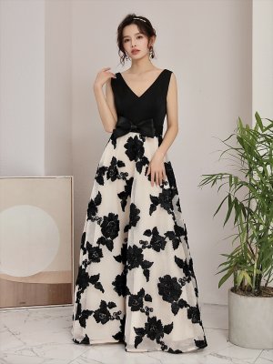 画像9: [送料無料][SETTAN]レッド・ブラック・立体刺繍・フラワー・ウエストリボン・スピンドル・ノースリーブ・Aライン・Vネック・ロングドレス[即日発送][大きいサイズあり]