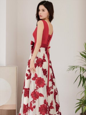 画像5: [送料無料][SETTAN]レッド・ブラック・立体刺繍・フラワー・ウエストリボン・スピンドル・ノースリーブ・Aライン・Vネック・ロングドレス[即日発送][大きいサイズあり]