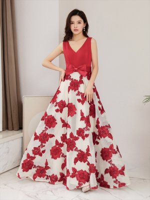 画像6: [送料無料][SETTAN]レッド・ブラック・立体刺繍・フラワー・ウエストリボン・スピンドル・ノースリーブ・Aライン・Vネック・ロングドレス[即日発送][大きいサイズあり]