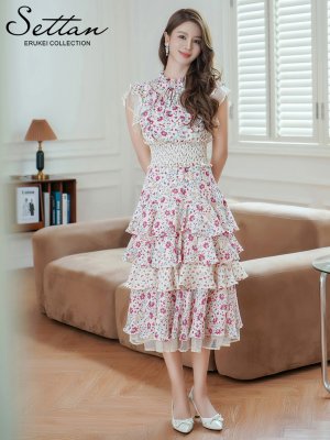 画像5: [送料無料][SETTAN]ベージュ×レッド・ティアード・フリル・プチハイネック・ミディアムドレス・ワンピース[即日発送][大きいサイズあり]