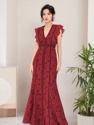 画像4: [送料無料][SETTAN]ワインレッド・ブラック×ベージュ・ホワイト・レース・総レース・ハイウエスト・フリル・Vネック・ノースリーブ・ロングドレス[即日発送][大きいサイズあり]