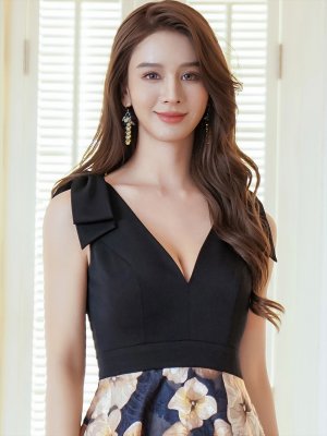 画像10: [送料無料][SETTAN]ワインレッド×ホワイト・ブラック×イエロー・リボン・プリント・Vネック・ノースリーブ ・オーガンジー・Aライン・ロングドレス[即日発送][大きいサイズあり]