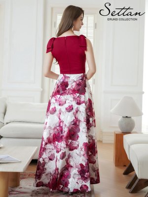 画像3: [送料無料][SETTAN]ワインレッド×ホワイト・ブラック×イエロー・リボン・プリント・Vネック・ノースリーブ ・オーガンジー・Aライン・ロングドレス[即日発送][大きいサイズあり]