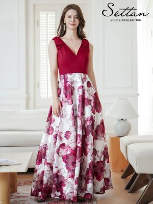 画像5: [送料無料][SETTAN]ワインレッド×ホワイト・ブラック×イエロー・リボン・プリント・Vネック・ノースリーブ ・オーガンジー・Aライン・ロングドレス[即日発送][大きいサイズあり]