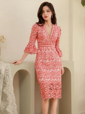 画像4: [送料無料][SETTAN]オレンジ・ブルー・総レース・七分袖・Vネック・タイト・ミニドレス・ワンピース[即日発送][大きいサイズあり]