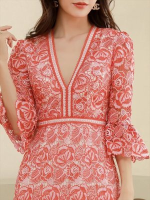 画像5: [送料無料][SETTAN]オレンジ・ブルー・総レース・七分袖・Vネック・タイト・ミニドレス・ワンピース[即日発送][大きいサイズあり]