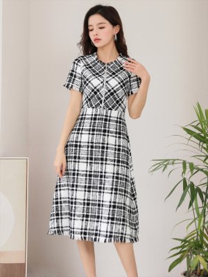 画像16: [送料無料][SETTAN]レッド・ピンク・ブラック・ツイード・チェック・ショートスリーブ・半袖・フリンジ・Aライン・ミディアムドレス・ワンピース[即日発送][大きいサイズあり]