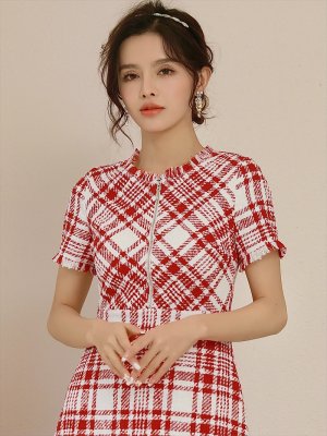 画像5: [送料無料][SETTAN]レッド・ピンク・ブラック・ツイード・チェック・ショートスリーブ・半袖・フリンジ・Aライン・ミディアムドレス・ワンピース[即日発送][大きいサイズあり]