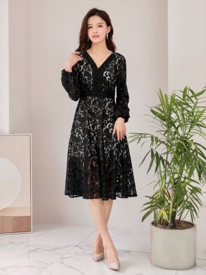 画像12: [送料無料][SETTAN]ホワイト・ブラック・総レース・フラワーレース・ペイズリー・ロングスリーブ・長袖・Vネック・Aライン・ミディアムドレス・ワンピース[即日発送][大きいサイズあり]