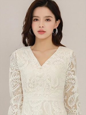 画像5: [送料無料][SETTAN]ホワイト・ブラック・総レース・フラワーレース・ペイズリー・ロングスリーブ・長袖・Vネック・Aライン・ミディアムドレス・ワンピース[即日発送][大きいサイズあり]