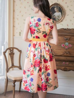 画像3: [送料無料][SETTAN]フラワープリント・花柄・ノースリーブ・ハイウエスト・Aライン・ミディアムドレス・ワンピース[即日発送][大きいサイズあり]