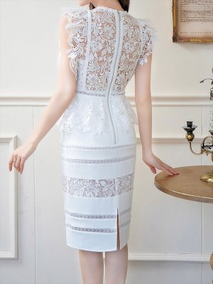 画像8: [送料無料][SETTAN]ブラック・ホワイト・ケミカルレース・ペプラム・タイト・ショート丈・ミディアムドレス・ワンピース[即日発送][大きいサイズあり]