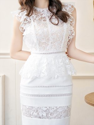 画像9: [送料無料][SETTAN]ブラック・ホワイト・ケミカルレース・ペプラム・タイト・ショート丈・ミディアムドレス・ワンピース[即日発送][大きいサイズあり]