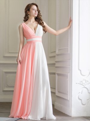 画像5: [送料無料][SETTAN]ピンク×ホワイト・バイカラー・シフォン・Vネック・ハイウエスト・Aライン・ロングドレス[即日発送][大きいサイズあり]