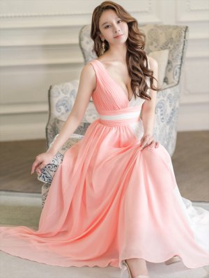 画像6: [送料無料][SETTAN]ピンク×ホワイト・バイカラー・シフォン・Vネック・ハイウエスト・Aライン・ロングドレス[即日発送][大きいサイズあり]