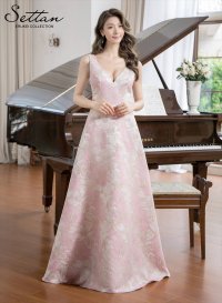 [送料無料][SETTAN]ピンク×ゴールド・ホワイト・ピンク×シルバー・ネイビー・ブルー・花柄・Vネック・フレア・Aライン・ロングドレス[即日発送][大きいサイズあり]