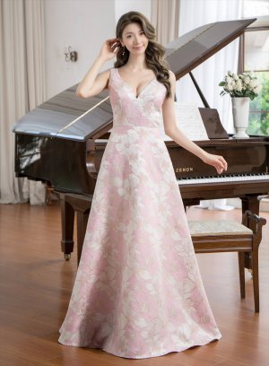 画像5: [送料無料][SETTAN]ピンク×ゴールド・ホワイト・ピンク×シルバー・ネイビー・ブルー・花柄・Vネック・フレア・Aライン・ロングドレス[即日発送][大きいサイズあり]