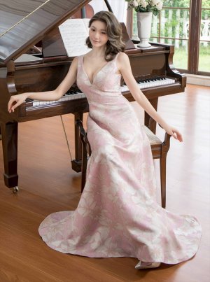 画像19: [送料無料][SETTAN]ホワイト・ピンク×シルバー・ネイビー・ピンク×ゴールド・ブルー・花柄・Vネック・フレア・Aライン・ロングドレス[即日発送][大きいサイズあり]