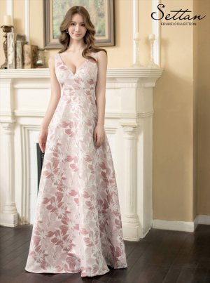 画像1: [送料無料][SETTAN]ピンク×シルバー・ネイビー・ピンク×ゴールド・ホワイト・ブルー・花柄・Vネック・フレア・Aライン・ロングドレス[即日発送][大きいサイズあり]